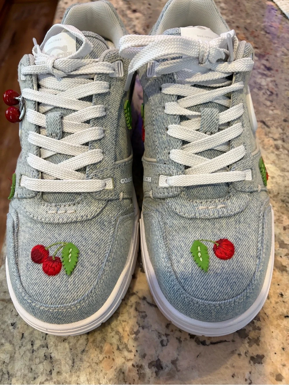 Coach Women’s Light Blue Denim Sneakers with Red Cherry Embroidery